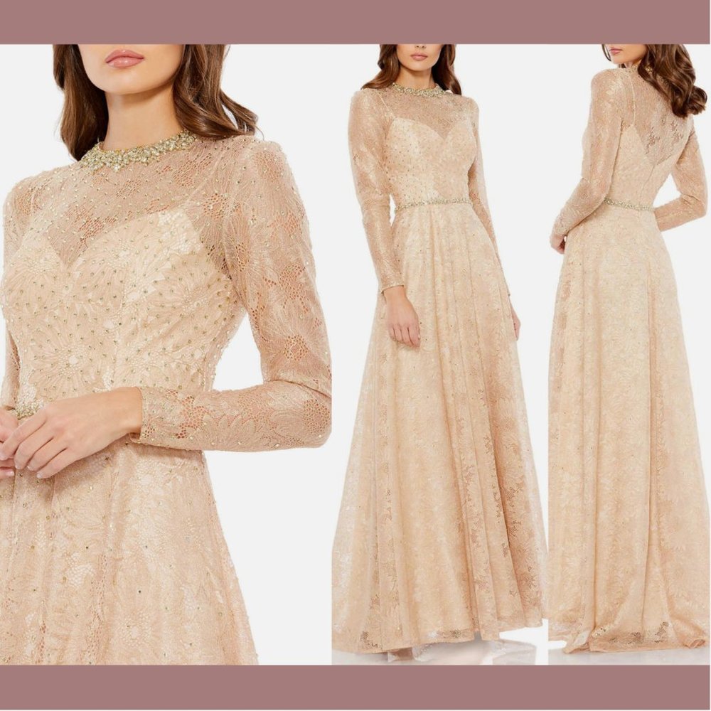 NWT $598 Mac Duggal [ 6 ] Jeweled Long‎ Sleeve Floral Lace Gown in Rose Gold